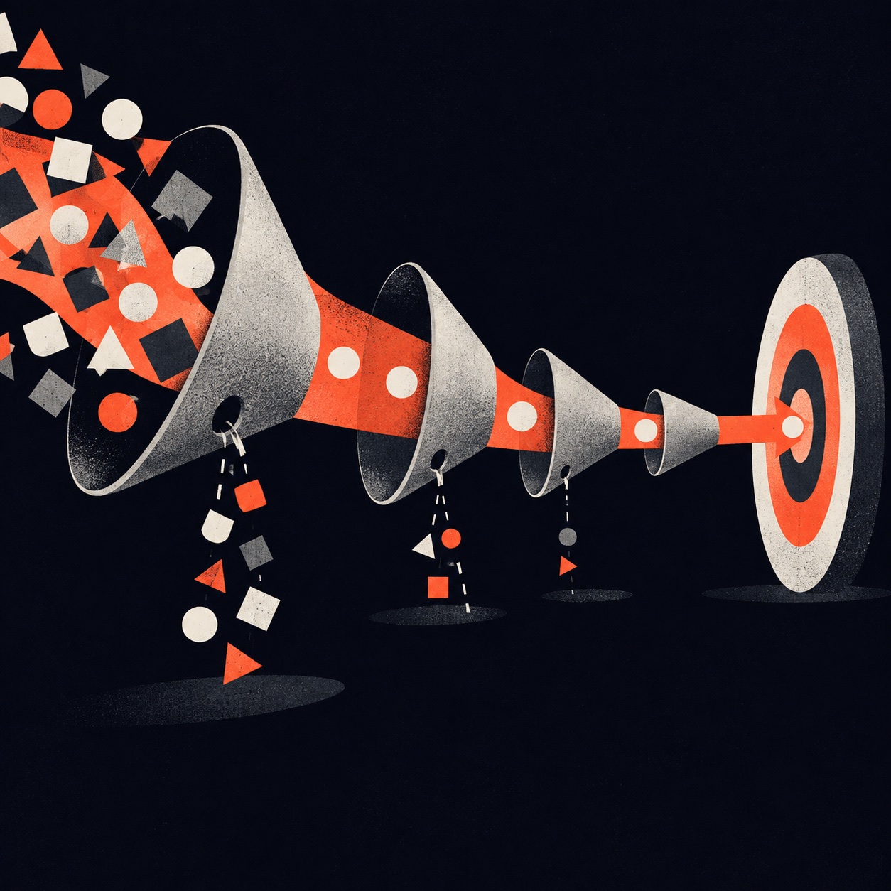 Editorial illustration of a funnel leaking before the final conversion